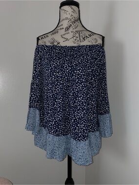 Off-Shoulder Navy Floral Blouse with Light Blue Tiered Hem